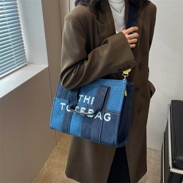

new denim color contrast splice handheld tote advanced small letter crossbody bag 50% off wholesale store