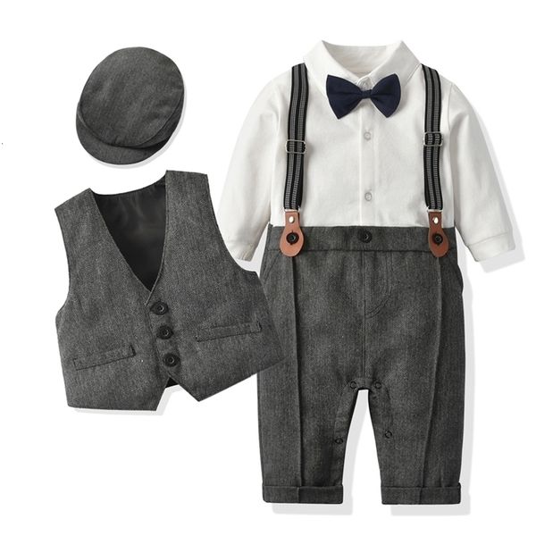

clothing sets born boy formal clothes set infant gentleman birthday romper outfit with hat vest long sleeve jumpsuit suit l230106, White