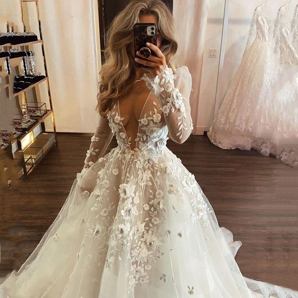 

illusion a line wedding dresses floral lace applique long sleeves boho beach bridal gowns deep v-neck ivory tulle bride dress vestido de nov, White