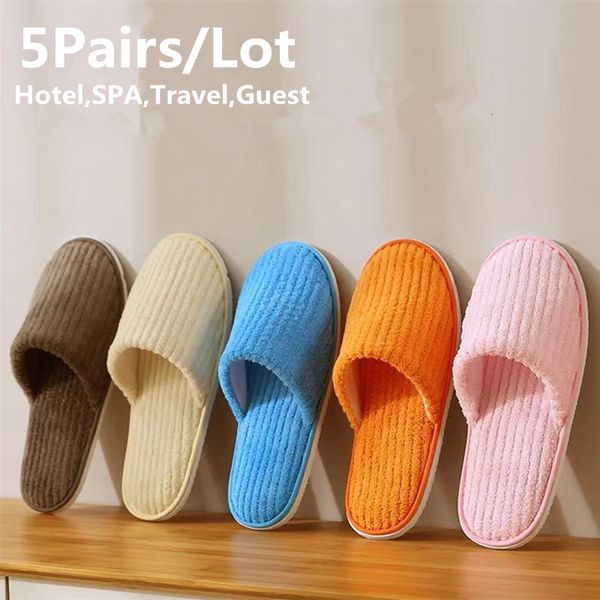 

slippers 5 pairs/lot mix colors men women disposable el cotton slides home travel spa slipper hospitality footwear 230106, Black