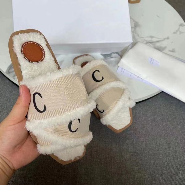 

2023 women woody fur slippers rubber sandals sliders scuffs indoor shoes designer canvas cross woven outdoor peep toe slipper stylies shoes, Black