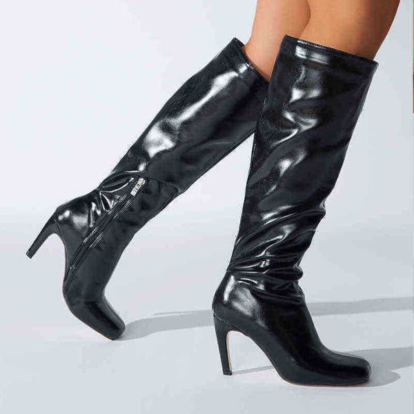 

fashion boots motorcycle 2022 autumn and winter round head high heels women soft leather knee martin boots 220802, Black