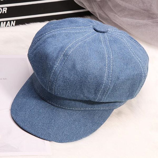 

berets h276 simple denim octagonal hat women pure color spring autumn vintage cap female korean short eave painter leisure fashion caps 2301, Blue;gray