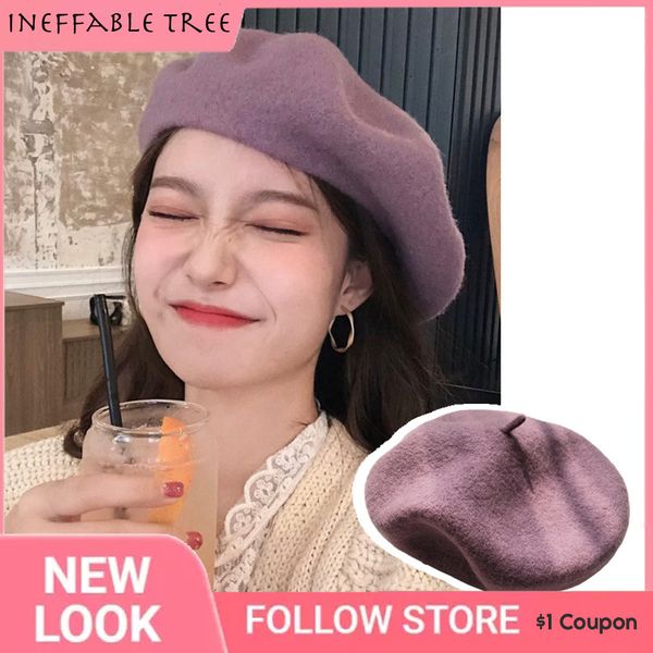 

beanieskull caps cute french mushroom pure berets autumn deep eaves knitting grape purple artist candy color cap painter beanie winter hat 2, Blue;gray
