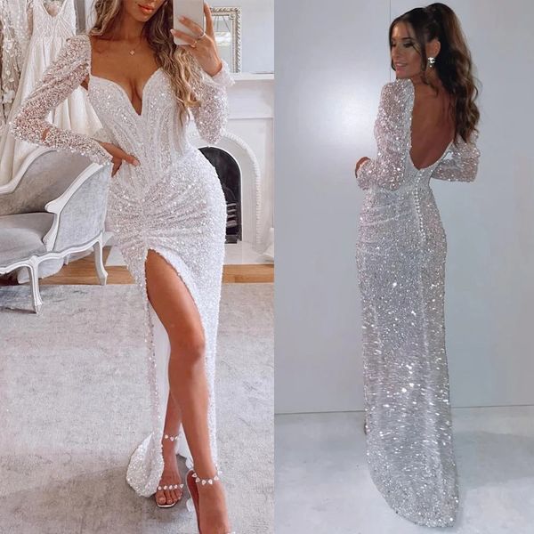 

glamorous prom dresses mermaid long sleeves shining sequined high split ruched floor length zipper slim custom made evening dress for party, Black
