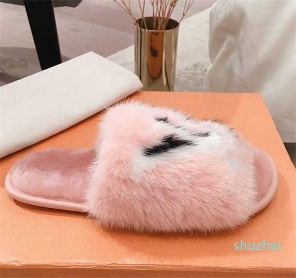 

2023 slippers slip-on mules 35-42 luxurious mink fur soft flat open-toe with oversized initials fashion lightweight homey flat mule, Black