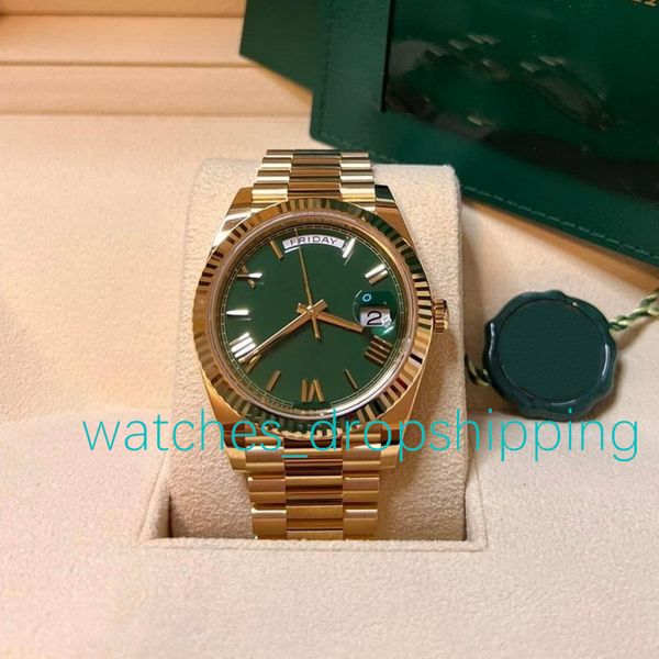 

luxury classic watch for man 41mm green roman dial automatic mechanical date high-quality movement fine steel case watchband sapphire mirror, Slivery;brown