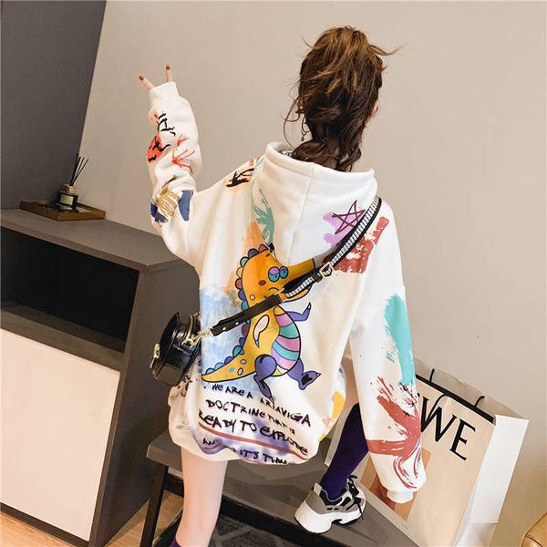 

women's hoodies sweatshirts cool kawaii harajuku japanese sweatshirt women autumn dragon print long sleeve pullover loose jumper hoodie, Black