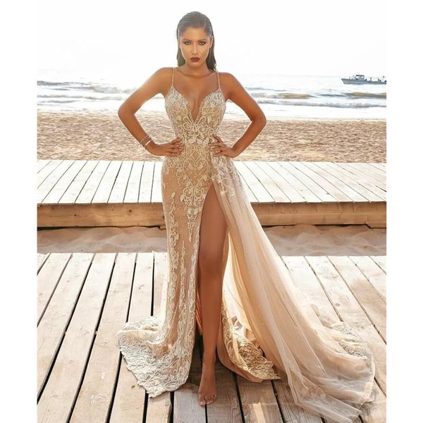 

2023 champagne mermaid high split prom dresses robes de spaghetti straps lace beaded evening gowns overskirt sweep train tulle party dress, Black