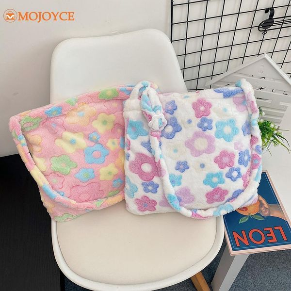 

evening bags cute fluffy bag macrame women plush floral print shoulder messenger bag large shopping hand kawaii shopper gift female 230106