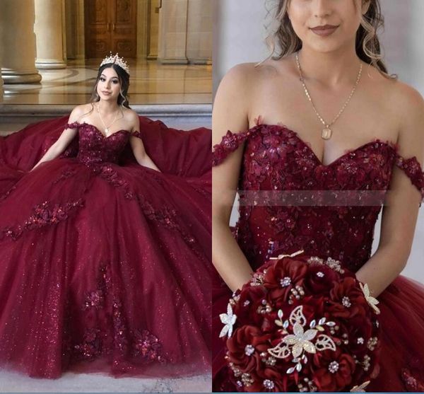 

2023 burgundy tulle prom quinceanera dresses off the shoulder floral flowers lace applique beads princess layers sweet 16 dress graduation p, Black