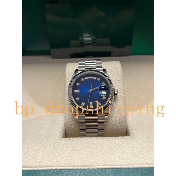 

mens watch 36mm white gold diamond blue dial sapphire glass asia 2813 movement mechanical automatic high-quality men's wristwatches, Slivery;brown