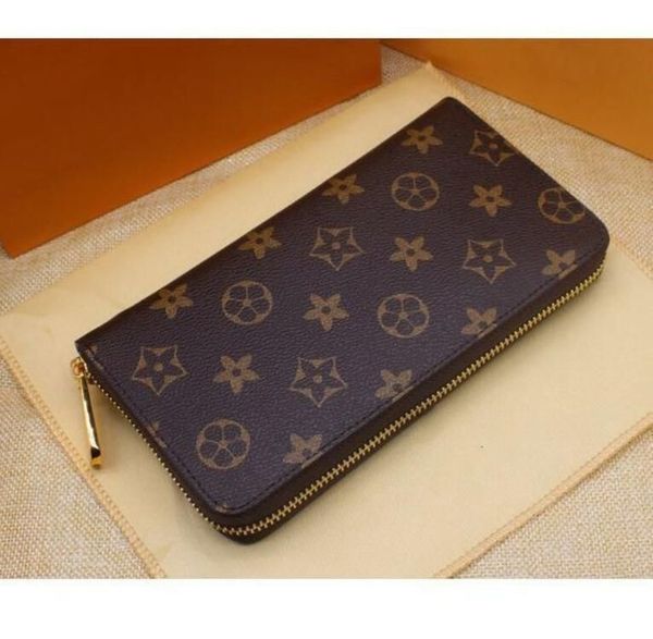 

Fashion Women Wallet Genuine Leather Men Wallet Single Zipper Wallets Lady Ladies Long Classical Purse Bag with box card 60017, Brown grid