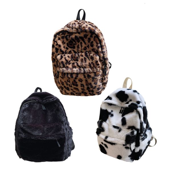 

school bags women cow print backpack multi-pockets shoulder winter soft plush leopard pattern travel fluffy book 230106