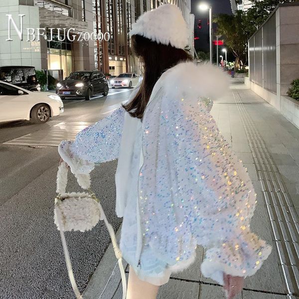 

women s down parkas faux fur collar sequin women coat winter lining with fluff fashion female jacket 230106, Black