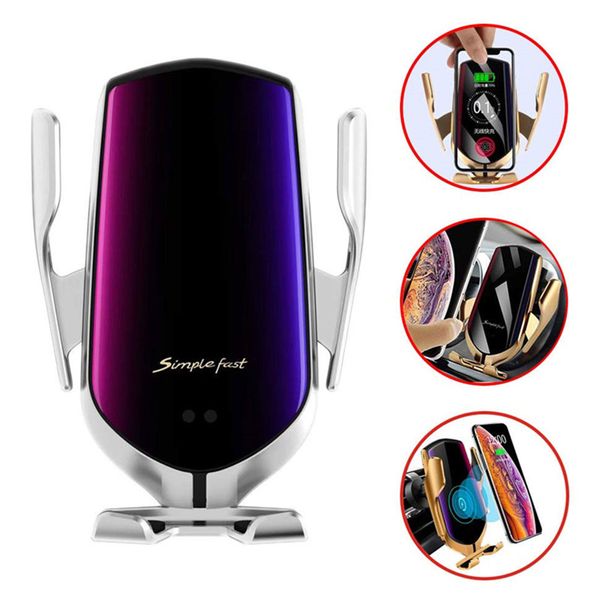

r1 car wireless charger automatic clamping 10w qi fast charging holder for iphone samsung huawei air vent phone holder with retail box