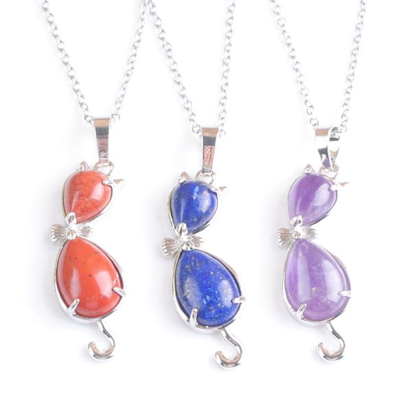 

natural gemstones cat animal pendants teardrop healing amethyst crystal for women girls necklaces chain 45cm bn510, Silver
