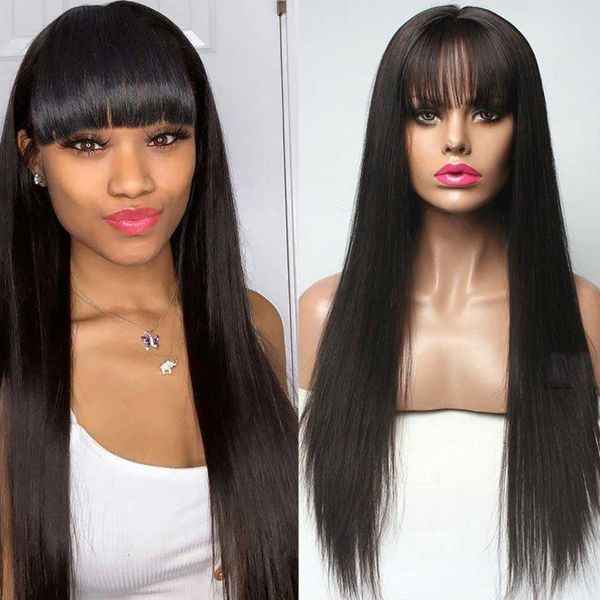 

lace wigs 28 inch straight human hair with bangs short bob full machine made brazilian 221212, Black;brown