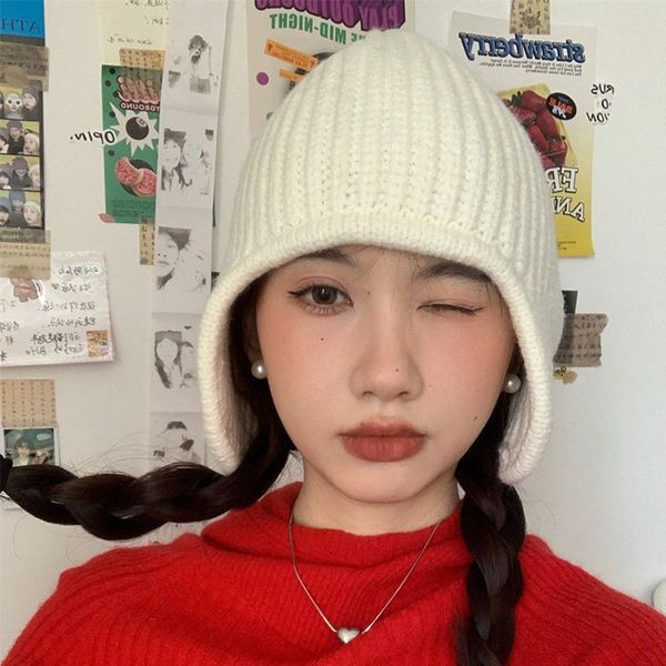 

beanieskull caps japanese cute solid color wool hat women autumn winter roll eaves knitted bomber cap men warm ear protection beanie hats 23, Blue;gray