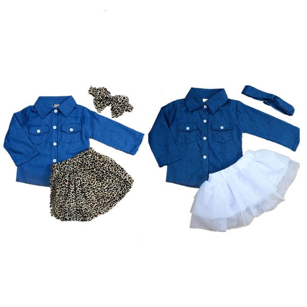 

clothing sets fashion baby girls clothes denim long sleeve leopard culotte skirt headband outfits children 3pcs set 230106, White