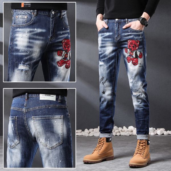 

men's jeans embroidered bear men bleach stripe design splash ink scratch hole art lettering trim pants red ear four seasons 022 230106, Blue