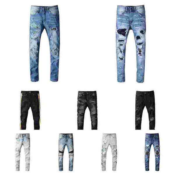 

selling mens distressed ripped jeans skinny slim fit motorcycle biker denim for men fashion jean for man designer black hip hop pants cool s, Blue