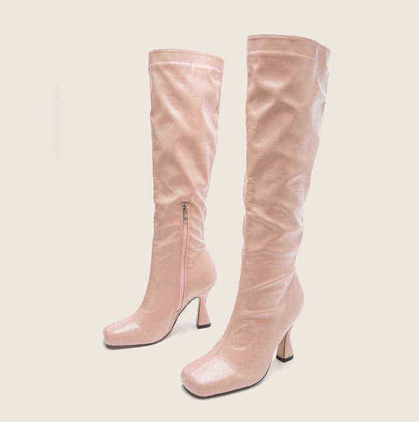 

motorcycle boots women shoes 2022 new autumn and winter square head thin heel high tube knee martin boots 220802, Black