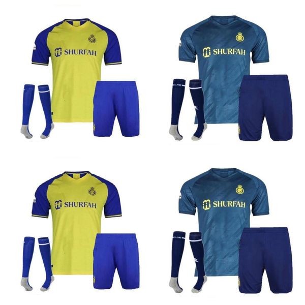 

2022 2023 al nassr fc soccer jerseys kids kit ronaldo home yellow away gonzalo martinez talisca ghislain konan vincent aboubakar men footbal, Black;yellow