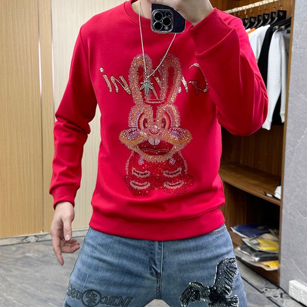 

men sweatshirts new year style mens sweater red rhinestone rabbit pattern plush warm high-quality man pullover male hoodies clothing, Black