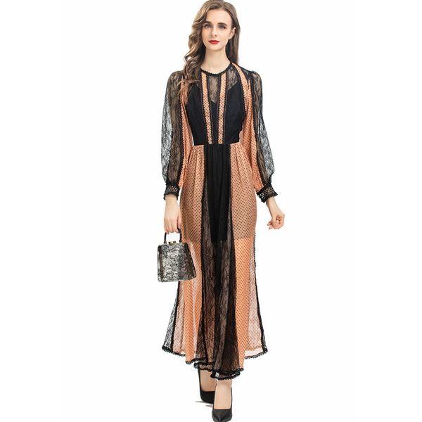 

women's dresses o neck long sleeves lace patchwork elegant fashion desinger runway vestidos prom gown, Black