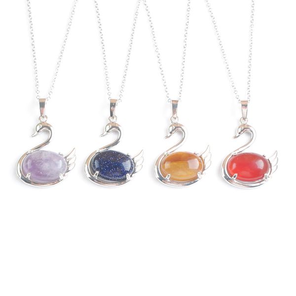 

cute swan shape animal pendant oval natural stone pendant necklace for women fashion jewelry chain 45cm bn512, Silver