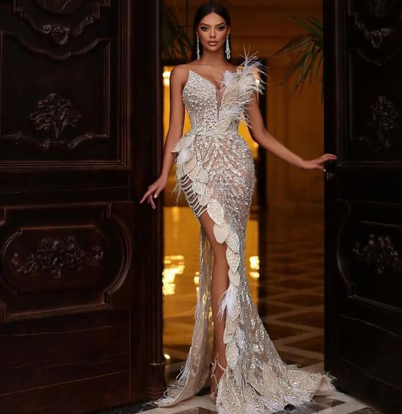 

mermaid prom dresses sleeveless v neck appliques sparkly sequins 3d lace leaf hollow beaded floor length side slit feather evening dresses p, Black
