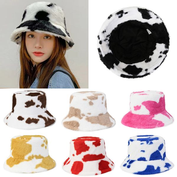 

wide brim hats bucket hats fall winter faux fur cap fluffy cow print bucket hats women warm fisherman cap soft velvet plush ski hat girl out, Blue;gray