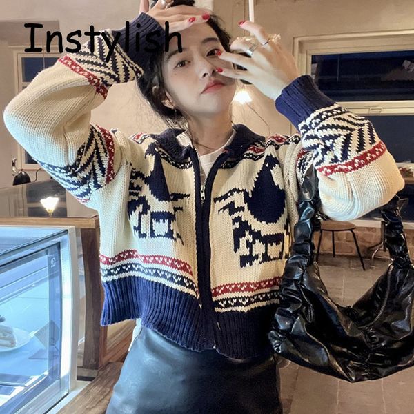 

women s knits tee korean chic lazy fashion cardigans autumn zipper long sleeve sweater coat vintage jacquard knitted cardigan jackets 230107, White