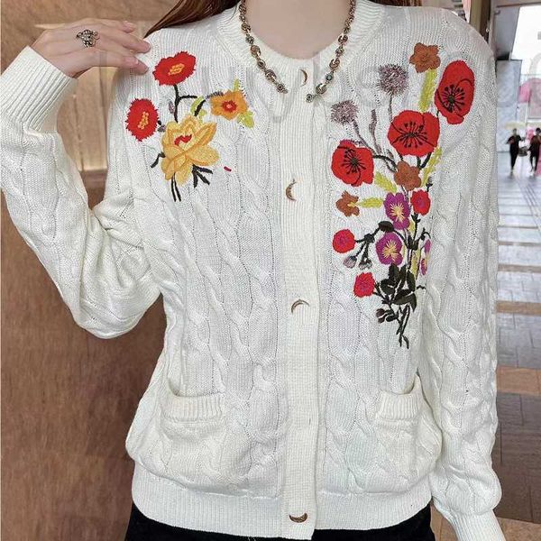

women's knits & tees designer embroidered flower letter round neck wool cardigan women's coat loose lazy versatile autumn and wint, White