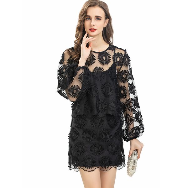 

women's runway two piece dress o neck long sleeves embroidery lace blouse with skirt fashion twinsets, White