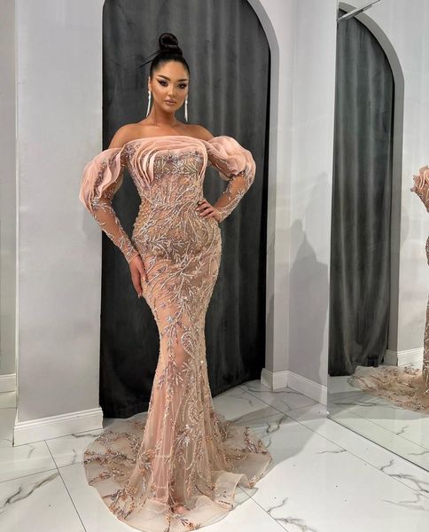 

pink mermaid prom dresses long sleeves bateau appliques sparkly sequins 3d lace hollow beaded floor length embroidery formal evening dresses, Black