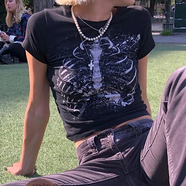 

women s t shirt 90s vintage short sleeved t shirt women gothic harajuku grunge graphic print y2k aesthetic crop summer slim punk 230107, White
