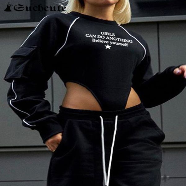 

women's jumpsuits rompers suchcute sport gothic letter printing women bodysuits side stripe patchwork full sleeve black playsuits autum, Black;white