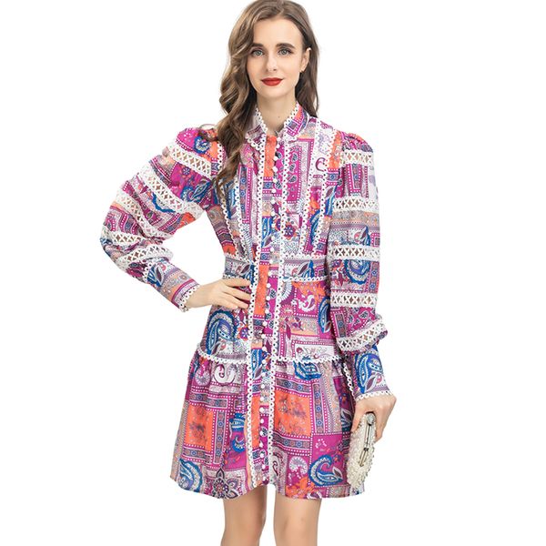 

women's runway dresses stand collar long lantern sleeves printed piping elegant fashion designer dress vestidos, Black