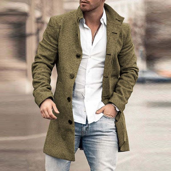 

men's wool blends casual solid color coats men autumn and winter warm jacket for mens fashion buttoned turndown collar long sleeve oute, Black