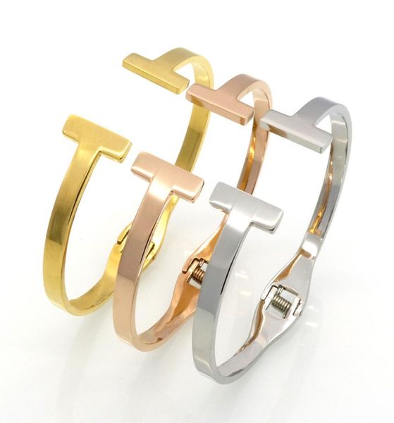 

fashion jewelry stainless steel gold plated spring double t bracelets for women letter cuff love bangles smooth arm charm bracelet1086843, Black