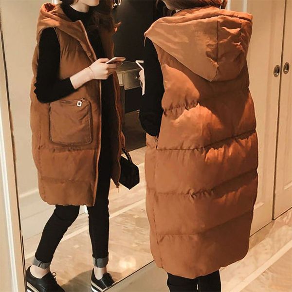 

women's vests winter women vest waistcoat long cotton jacket loose oversize warm bread sleeveless hooded woman with pocket 230107, Black;white