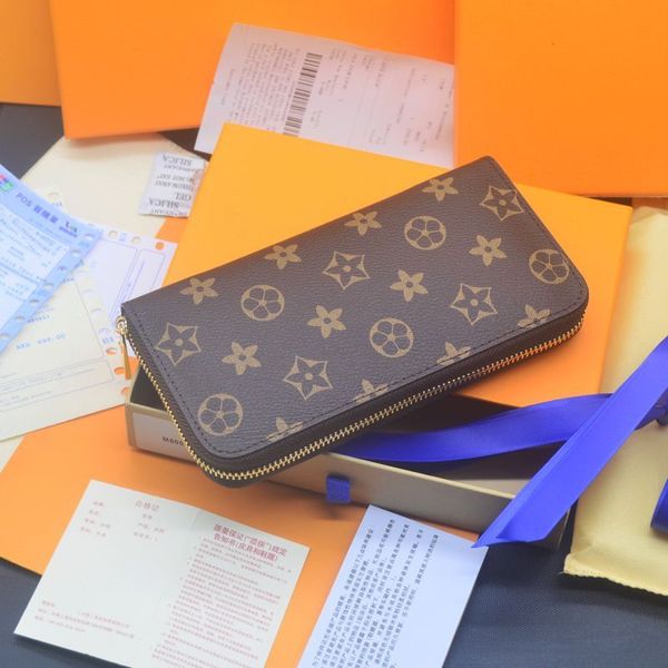 

Women clutch wallet Genuine Leather wallet single zipper wallets lady ladies long classical purse with orange box card 60017, Brown grid