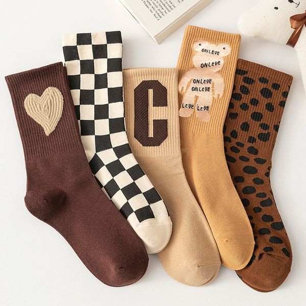 

socks hosiery 5pairs lot retro women cotton leopard cartoon bear socks autumn korean japanese student girls harajuku skateboard stocking 230, Black;white