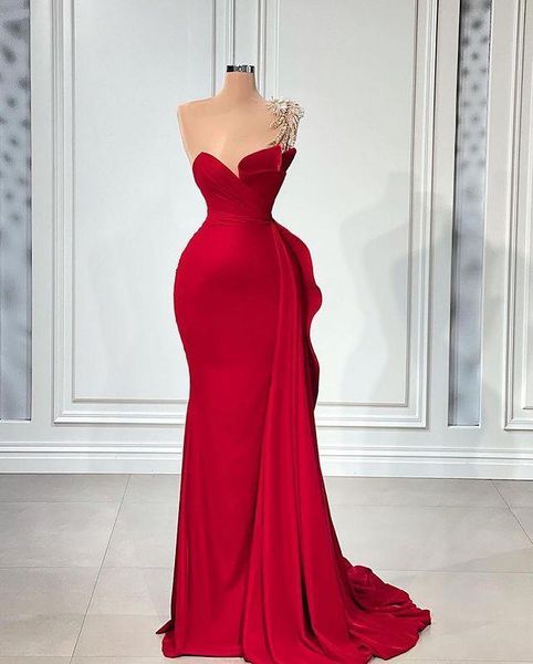 

2023 prom dresses arabic dark red mermaid crystal beads ruffles satin one shoulder floor length evening gowns vestidos, Black