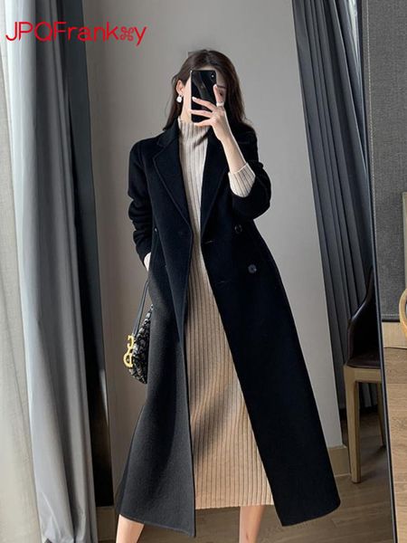 

women's wool blends black woolen overcoat hepburn style highend thickened long in autumn winter coats and jackets women 230107