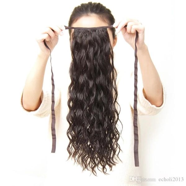 

easy wearing wet wavy ponytail extension brazilian real hair ponytail ribbon tight wrap around pony tail with drawstring clip in 120g diva1, Black