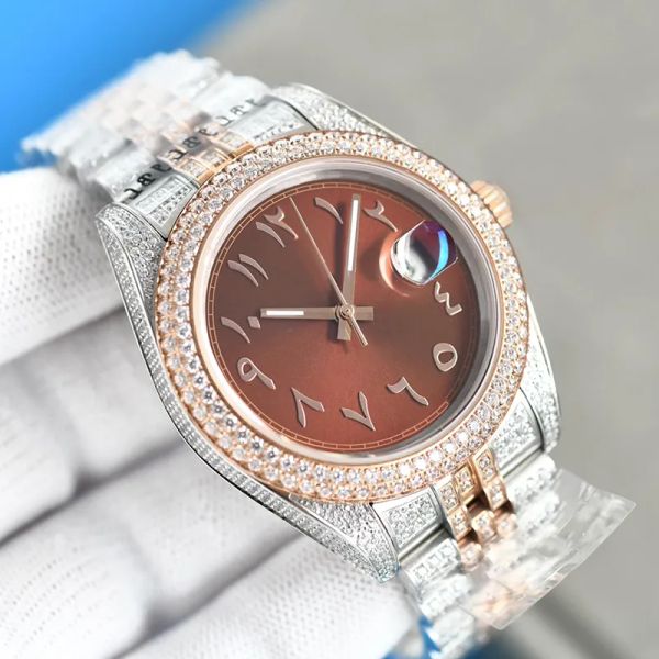 

sapphire crystal rose gold watch 41mm luxury automatic mechanical diamond bezel mens watches fashion wristwatches, Slivery;brown