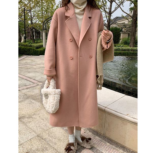 

women's wool blends autumn winter en coat female midlong loose korean temperament fashion casual outerwear coats pink 230107, Black